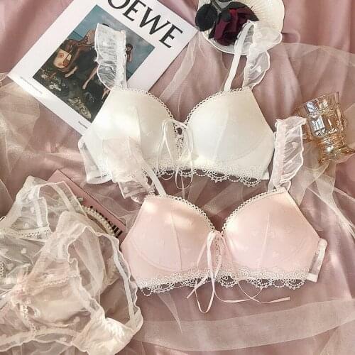 Sweet my melody small chest gathered underwear love mesh embroidery lotus lace shoulder strap lingerie no steel ring bra set