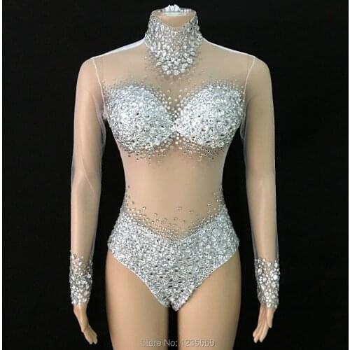 6 Colors Stones See Through Bodysuit long Sleeves Stretch Sexy Perspective Performance Celebrate luxurious Dance outfit