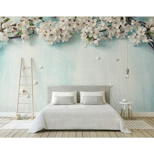 8d Blue wood grain Wall paper Mural 3D Cherry blossoms Wallpaper sticker paper For Living room background Wall Murals Decor
