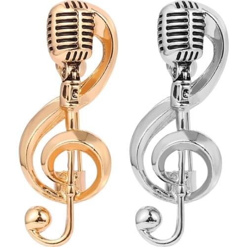Rock Gold Color Microphone Brooch Pins Music Note Brooches For Women Men Hip Hop Lapel Pin Singer Club Badge Clothes Accessories