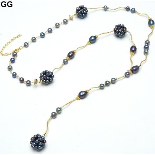 GG Jewelry Natural Freshwater Cultured Black Pearl Handmade Pearl Ball Y-Drop Long Necklace 27" Classic For Women