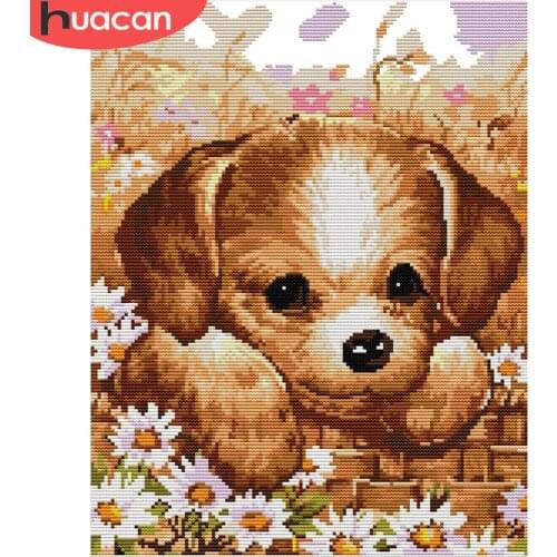 HUACAN Embroidery Dog Cross Stitch Animal Kits White Canvas Home Decoration Needlework Sets 11CT 14CT DIY Gift