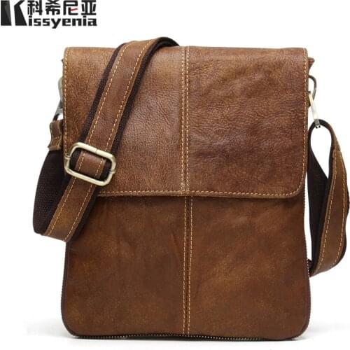 Kissyenia 100% Geniune Leather Shoulder Bags for Men Luxury High Quality Vintage Messenger Bags Retro Business Flap Bags