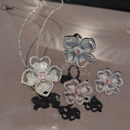 2021 New Trend Jewelry Sets 925 Silver Color Flower Brilliant Cubic Zirconia Ring Earring Necklace Womens Wedding Jewelry Gift