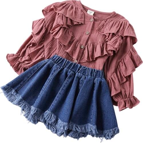 Citgeett Spring 4-9Y Fashion Infant Kids Girls Clothes Sets Ruffles Solid Long Sleeve Tops Denim Skirts 2pc Clothing Set