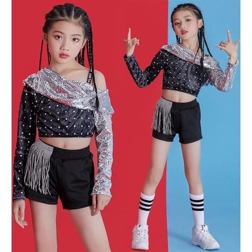 Jazz Dance Costumes Silver Sequins Top Shorts Girls Street Dancing Clothes Hip Hop Outfit Kids Cheerleading Stage Wear DNV12126