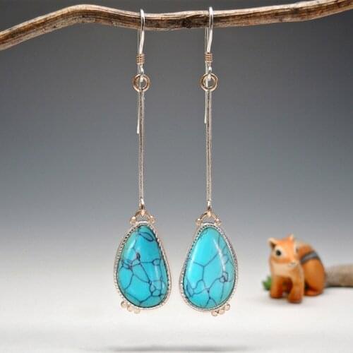 Fashion Womens Jewelry Long Turquoise Rocking Earrings New Innovative Drop Shaped Boho Ethnic Turquoise Dangle Earrings