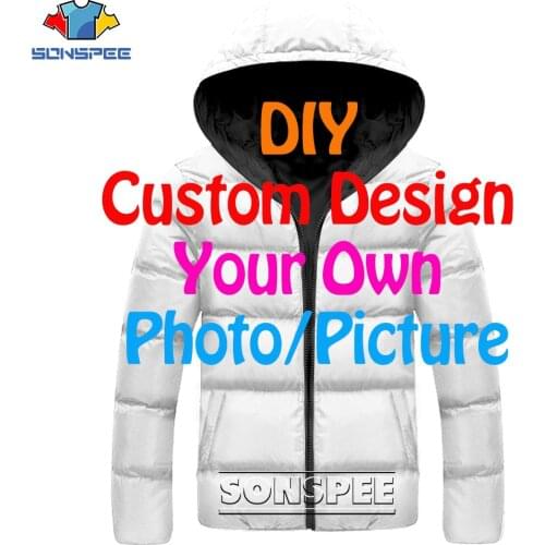 SONSPEE DropShip 3D Print Men Women Diy Custom Design Picture Photo Mens Jacket Plus Velvet Zipper Warm Down Child Filled Coat