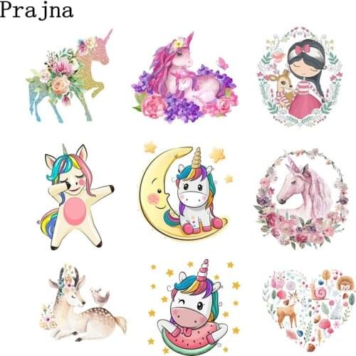 Prajna Unicorn Cartoon Iron-On Transfers Cute Anime Stripe On Clothes Ironing Stickers For Kids Clothing DIY Applique Wholesale