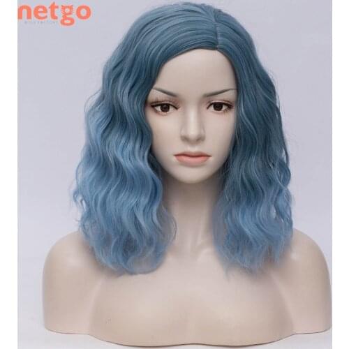 Netgo Short Wavy Synthetic Wig Multicolor Blue Ombre White Side Part Wigs Heat Resistant For Women Cosplay Costume Party