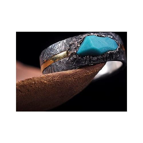 Original designer craftsmanship inlaid turquoise opening adjustable ring personality retro mens trendy silver jewelry