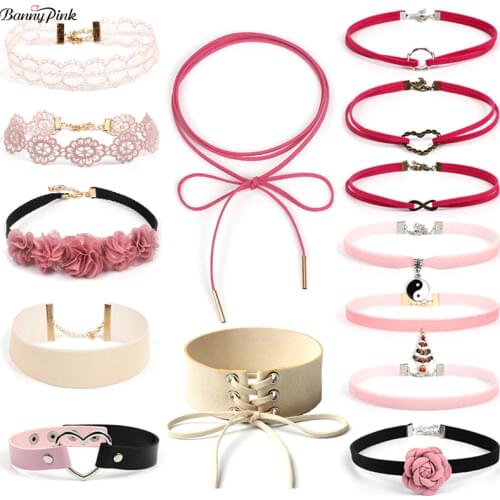 14 Pieces Sweet Pink Rope Chain Choker Collar Cute Flower Heart Pendant Choker Necklace Lace Chokers Fashion Women Necklace
