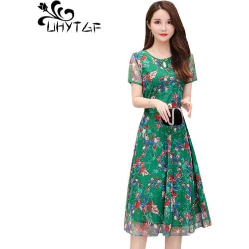 UHYTGF dress women fashion printing summer dresses Korean pullover chiffon elegant dress female beach thin plus size dresses 837