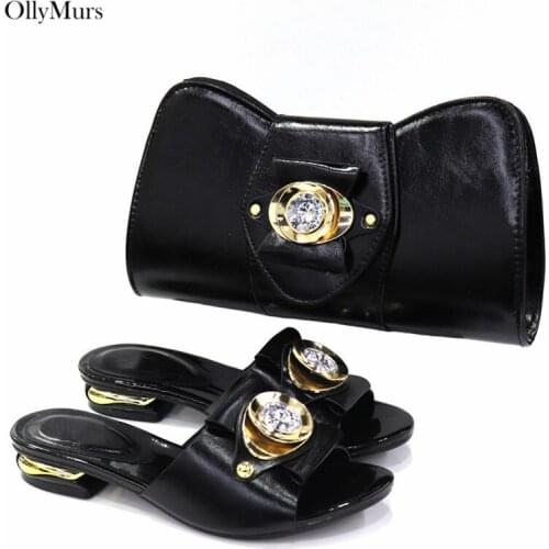 Latest Italian Pumps Shoes And Bag Set Decorated With Rhinestone African Woman Low Heels Shoes And Bag Set For Party