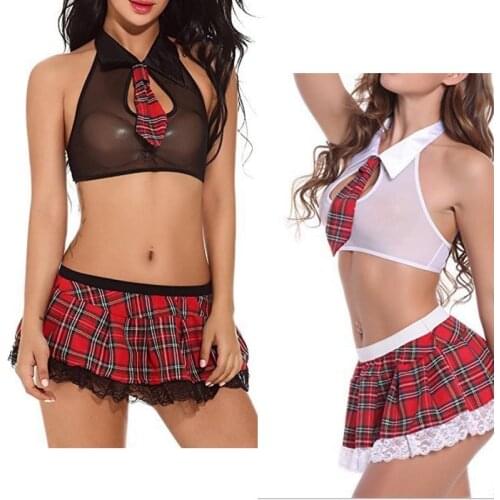 Plus Size xxxl School Girl Prep Student Uniform Plaid Bra Top Lace Trim Mini Skirt Lolita Costume Set Women Sexy Lingerie