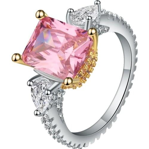 Luxury Micro Pave Pink Claw Square Design Jewelry Rings White Gold Filled Vintage Ladies Wedding Bands Party Cocktail Ring Women