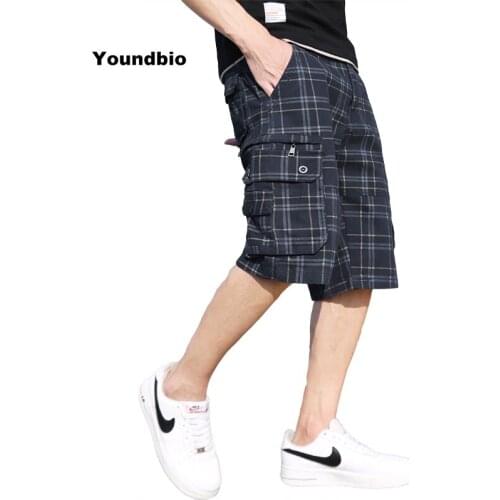 Men Shorts Summer Plaid Cotton Cargo Shorts Men Brand Knee Length Shorts Classic Pockets Jogger Shorts Men Casual Loose Shorts