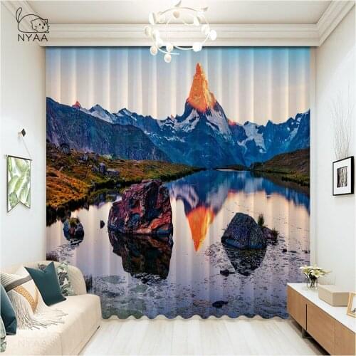 Mountain Lake Blue Sky Clouds Children Curtain Home Hotel Curtains Kitchen Rope Printed Decoration 3D Curtains Micro Shading