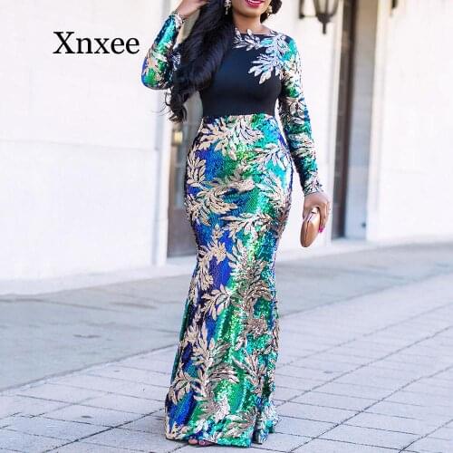 Vintage Green Long Sleeve Mermaid Sequins Dress Sparkly Elegant Plus Size Shiny Party Evening African Long Dresses for Women