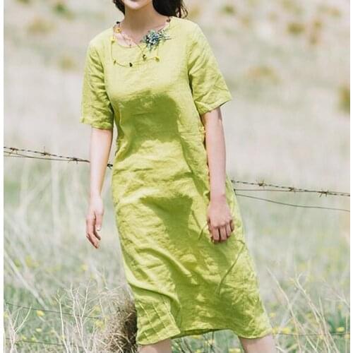 Green Long Purple Linen Summer Women Dresses Summer O Neck Women Dresses