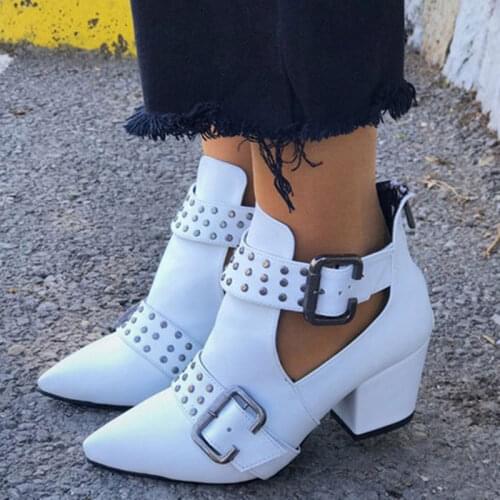 Womens Pointed Toe Leather Ankle Boots 2020 Woman Fashion Autumn Square Heels Women Rivet Female Buckle Pumps Ladies Zip Shoes