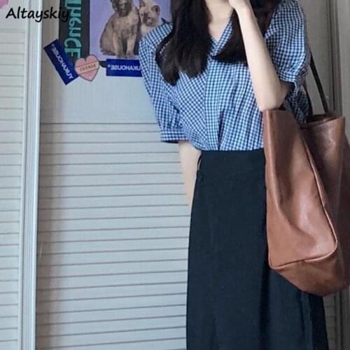 Sets Women V-neck Plaid Blouses Side-slit Mid-calf Skirt Summer Lovely All-match Elegant Popular Casual Fashion Ulzzang 2 Pieces