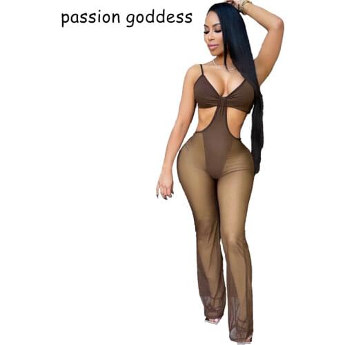 Plus Size 2021 Summer New Women Sexy Club Outfits See Through Mesh Long Jumpsuits Spaghetti Strap Cut Out Wide Leg Pants Rompers