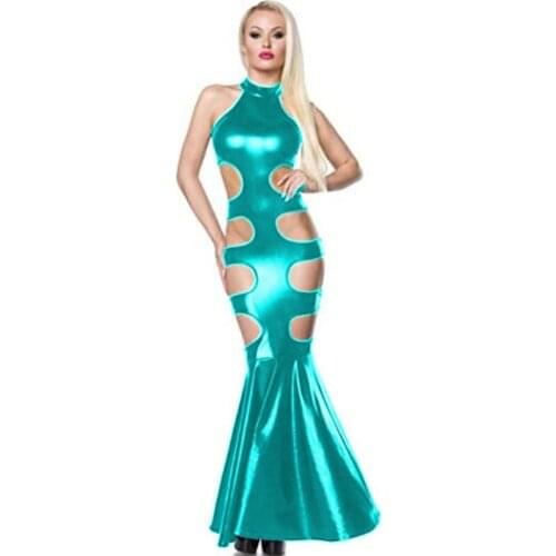 Women Faux Leather Maxi Dress Ladies mock Neck Sleeveless Metallic Mermaid Dress Hollow Out High Waist Shiny Long Dress