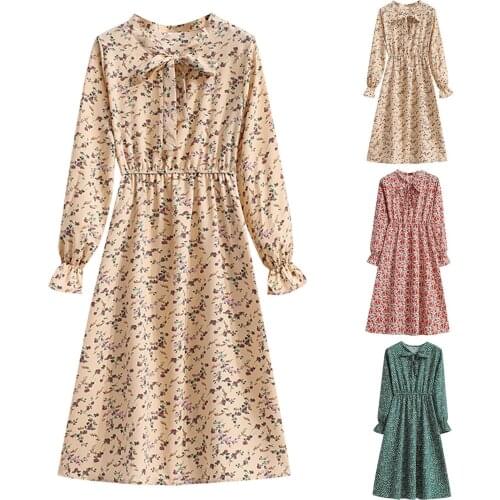 Women Bowknot Nack Bottoming Dress Slim Long-sleeved Elastic Waist Mid-length Floral Dress Spring Autumn Elegant Ladies Dresses