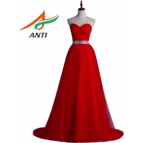 ANTI Lovely Red Formal Evening Dress Long 2018 Sweetheart A-Line Sleeveless Tulle Robe De Soiree For Wedding Party Gowns HQY217