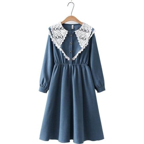 Retro Peter Pan Collar Sweet Dress Women Spring Autumn Waist Was Thinner Corduroy Mid-Length Temperament Cotton Skirt 2112990