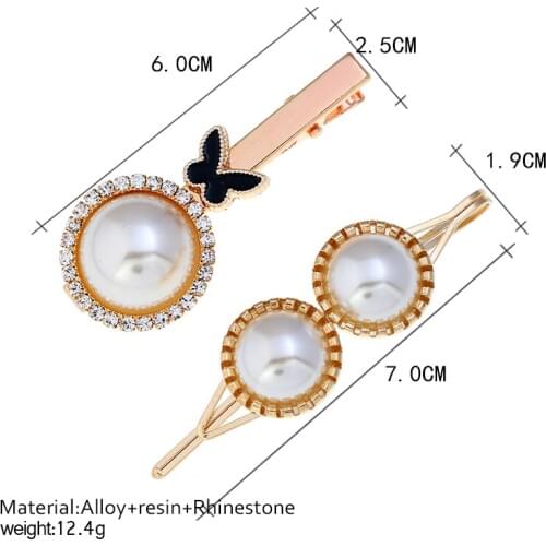 2pcs set sweet hair clip for women with inlay faux pearl rhinestone butterfly design female side clip bangs clip haarclip