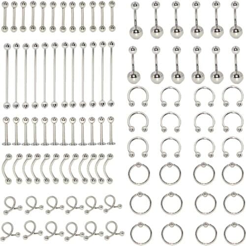 96Pcs Body Jewelry Piercing Lot Steel Nose Horseshoe Lip Tongue Eyebrow Tragus Body Piercing Navel Belly Ring Barbell 14G 16G