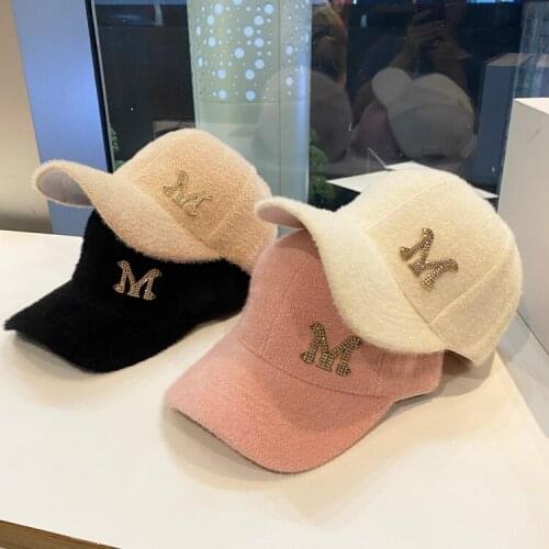 Mink Hair Baseball Hat For Woman Girl Metal M Rhinestone Snapback Cap Solid Color Autumn Winter Hat Adjustable Outdoor Street
