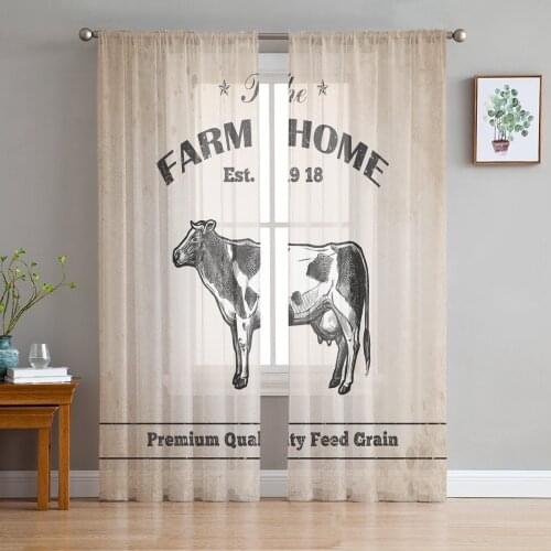Farm Charcoal Brown Cattle Grain Rustic Voile Tulle Sheer Curtains for Bedroom Living Room Kitchen Decor Chiffon Windows Curtain