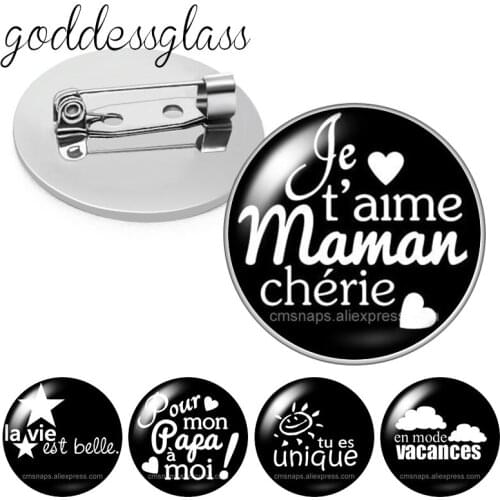 Français J'aime maman Papa L'art des mots Amour letters Round Glass cabochon Brooch Dome Photo Jewelry Brooches Pin For Gift