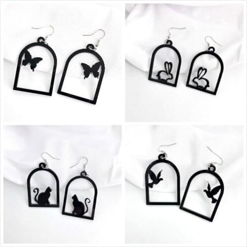 Cartoon Funny Acrylic Emulational Caged Bird Rabbit Cat Butterfly Eardrop Creative Geometry Picture Frame Animals Earrings
