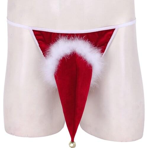 Red Men Lingerie Velvet Santa Hat Christmas Holiday Fancy Cosplay Gay Sissy G-string Thong Jockstraps Underwear with Small Bell