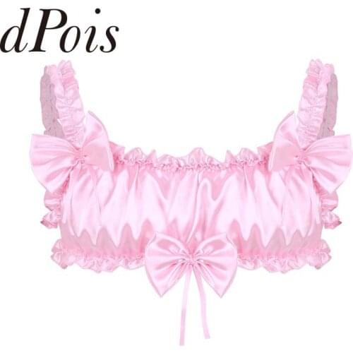 Mens Smooth Soft Satin Ruffled Frilly Elastic Wide Shoulder Straps Backless Wire-free Bra Top Hommes Mens Underwear