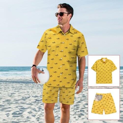 2020 New Two Piece Set Men Hawaiian 3D Print Short Sleeve T Shirt Top+Shorts Loose Beachwear Short Sleeve Casual Buttons Suits