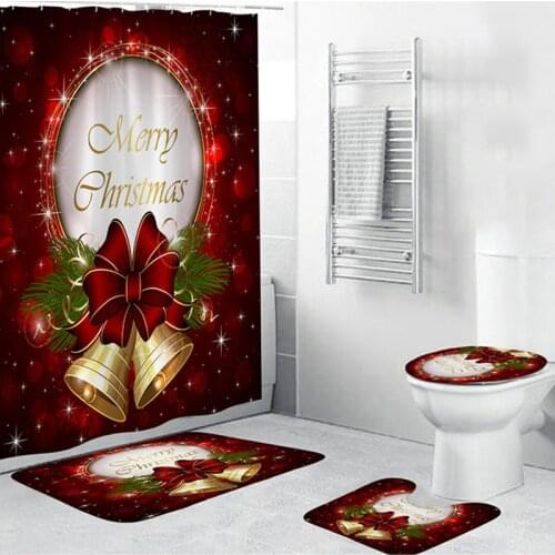 Christmas Bathroom Mat Set Santa Claus Non-slip Bathroom Carpet Toilet Mat Waterproof Shower Curtain With Hooks Home Decorations