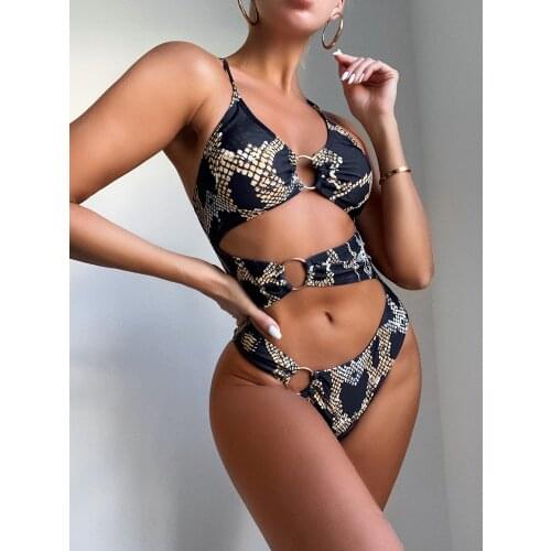 Irregular womens swimsuit Female hollow out swimwear High waist sexy bikini set Ring solid bathing suit Shiny bandeau bikini