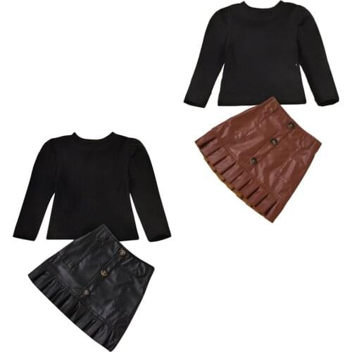 2021 Sping Fashion New Kids Baby Girl Clothing Solid Knitted Top Long Sleeve Sweater+Button PU A-line Skirt 2pcs Black/ Brown
