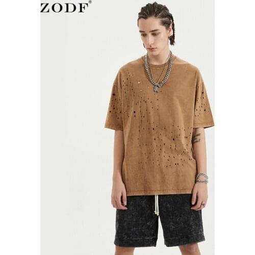 ZODF New Summer Men Cotton Solid T Shirts Loose Broken Holes Unisex High Street Comfortable T-Shirts Brand Tees HY0262