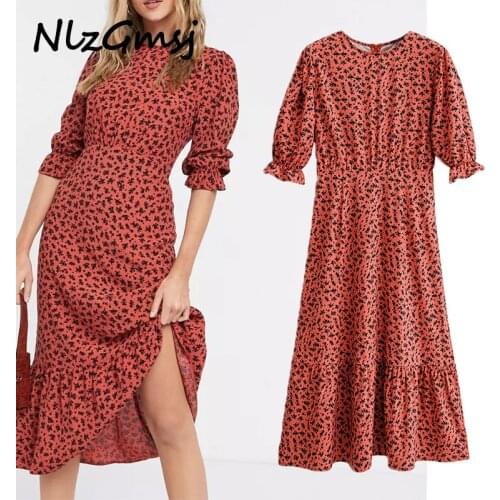 Nlzgmsj Za Dress Women 2021 Summer Red Midi Dress Women O-neck Long Sleeve Print Slim A-line Dress 2021 Half Sleeve Dresses
