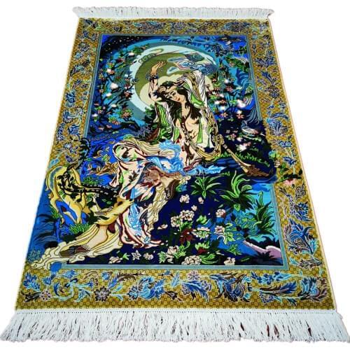 Seeykeep™ 3x4.5ft Silk Handknotted The Stunning Fairy And The Divine Beast Mythos With Azure Backcolor Gold Border -FC3016046