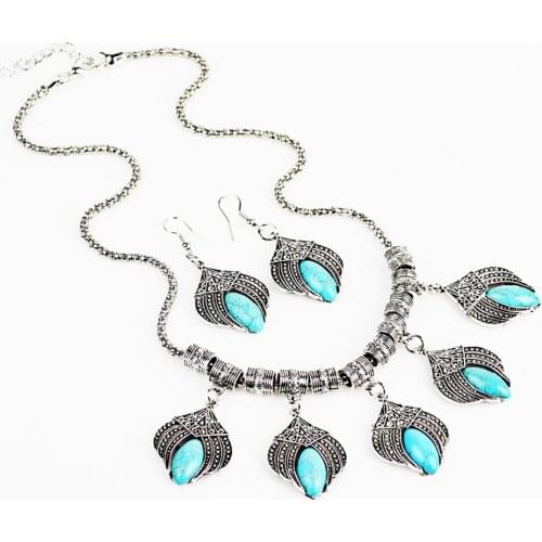 Synthetic Turquoises Jewelry Set Choker Necklace Earrings Rings For Women Hollow Flower Pendant Stainless Steel Chain