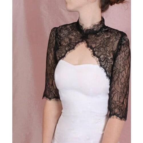 Bridal lace black ivory white Bridal bolero jacket shrug 3/4 sleeve wedding shrug Coat