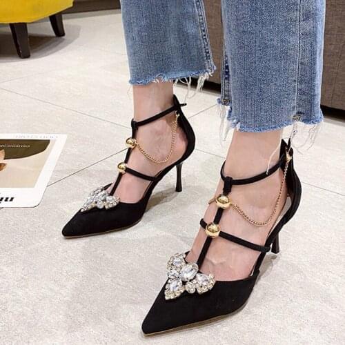 Luxury Crystal Thin Heels Pumps Women Fashion Metal Chain T Strap Gladiator Shoes Woman Pointed Toe Party Shoes Ladies