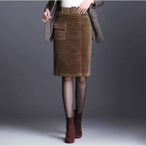 2019 Fall Winter Fashion Womens Female 4xl High Waisted Pencil Corduroy Black Skirt , Casual Knee Length Slim Skirts for Women